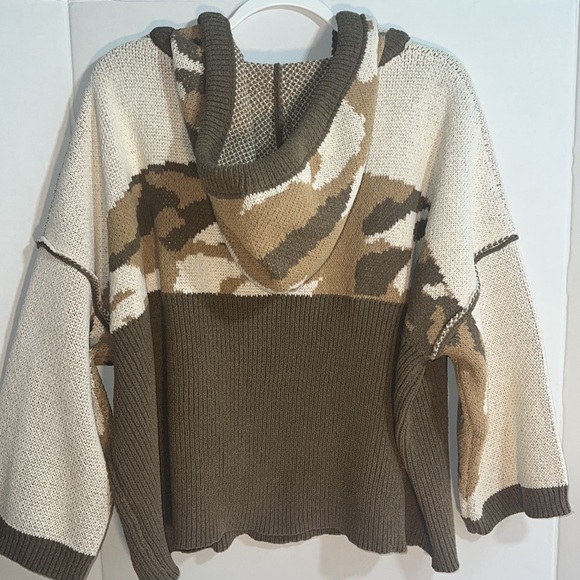 POL Cropped Mixed Knit Hoodie Oversized Cozy Soft ColorBlock Sweater Olive/ivory - Picture 12 of 12